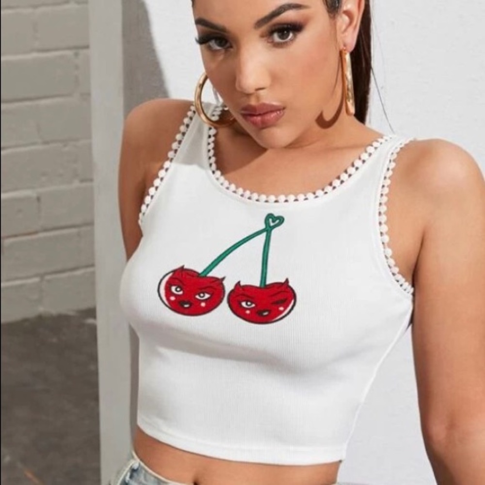 Cartoon Cherry Print Crop Top